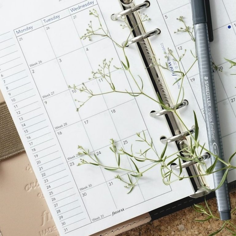 Ein offenes Terminkalender mit einem Stift und einem grünen Zweig darauf.
